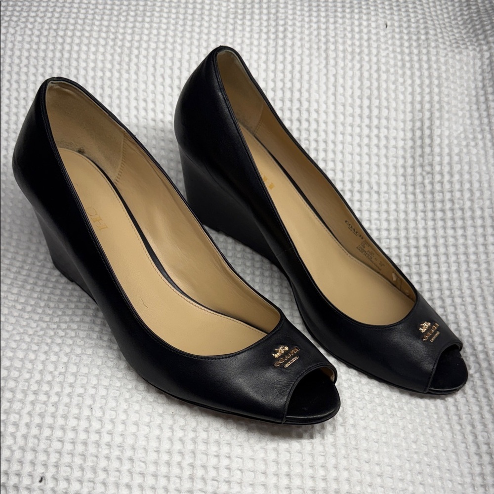 Coach New York Black Peep Toe Wedges Heels - Size 10